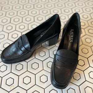 RL Black leather heeled loafers